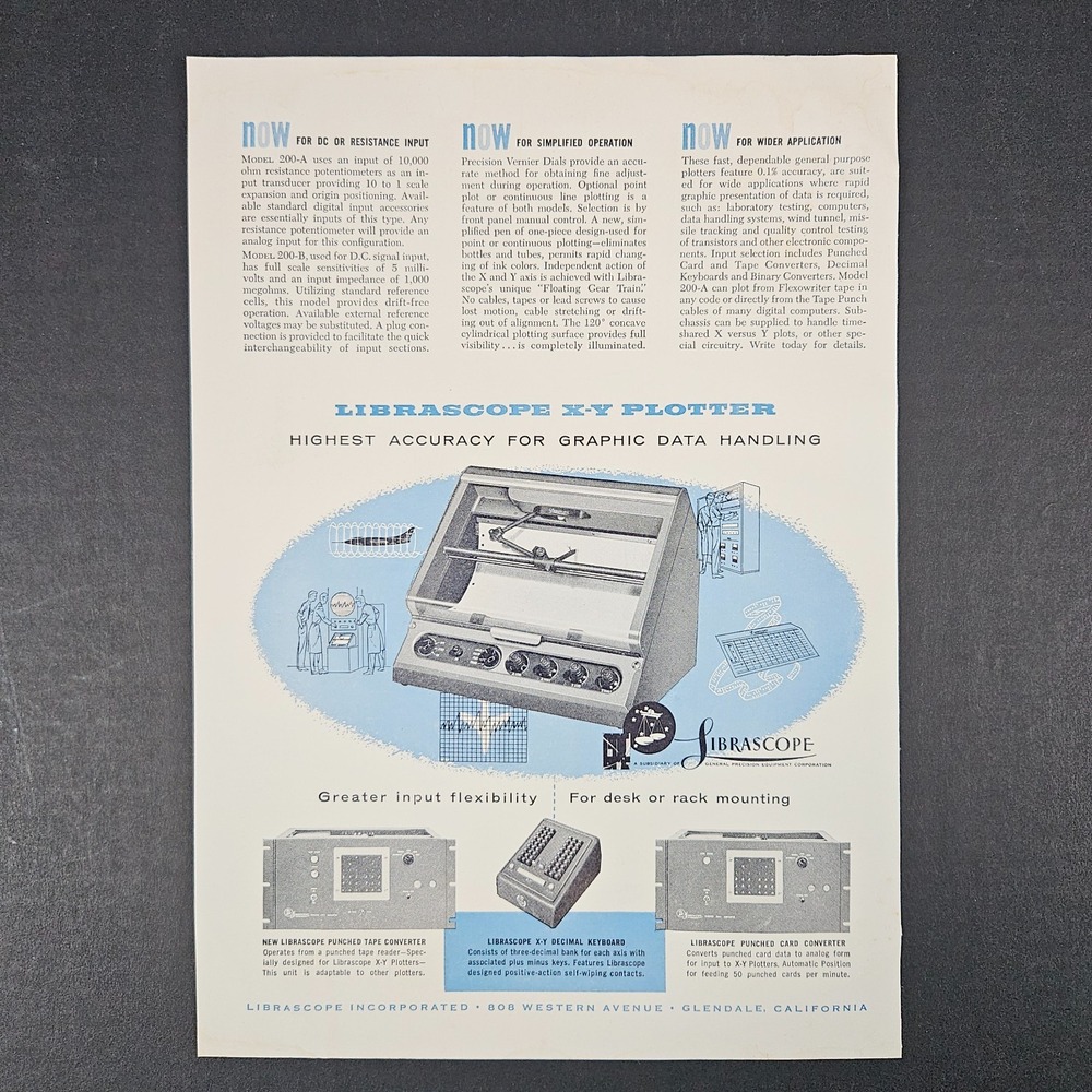 1956 Librascope X-Y Plotter Graphic Data Handling Vintage Print Ad‎ Glendale CA